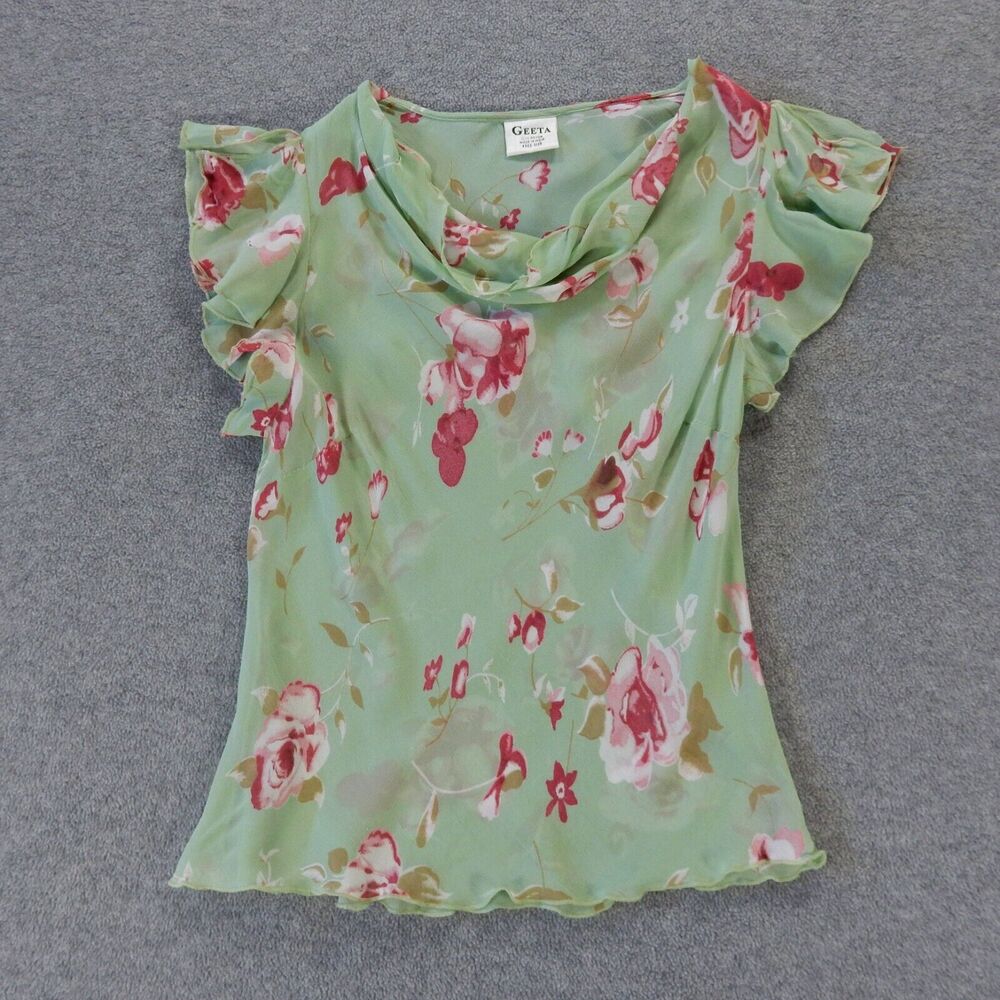 Geeta Womens Shirt Small Green Floral Flower Ruffle Sleeve Sheer Hippie Boho